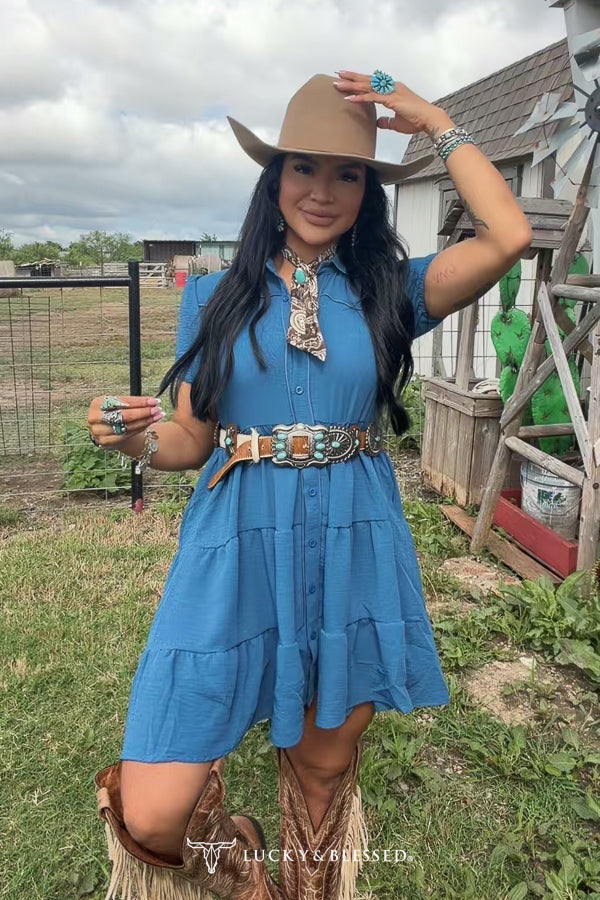 blue cowgirl dress Lucky & blessed Denim Puff Sleeve Western Ruffle Tier Contrast Pi – HorseworldEU The Traveling Black Dress: With Cape Cant find a more Size:XXS / 0