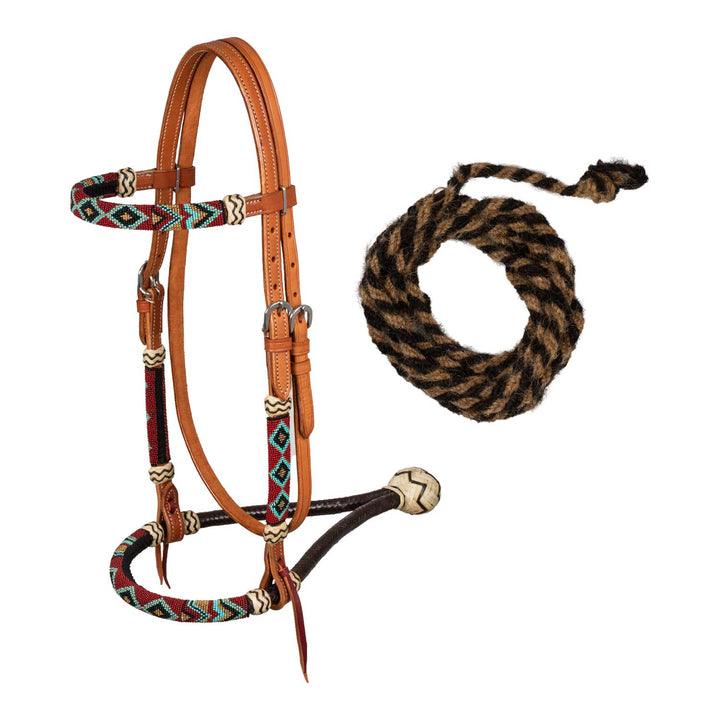 Pool's burgundy pearls bridle with horsehair mecate reins